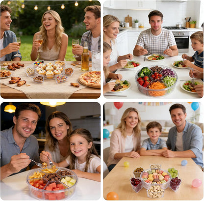 Aufind Divided Serving Tray with Lid and Handle, Stackable Snackle Box Container for Fruits Candy Veggies, Portable Spinning Rounded Tray with 6 Removable Dip Bowls