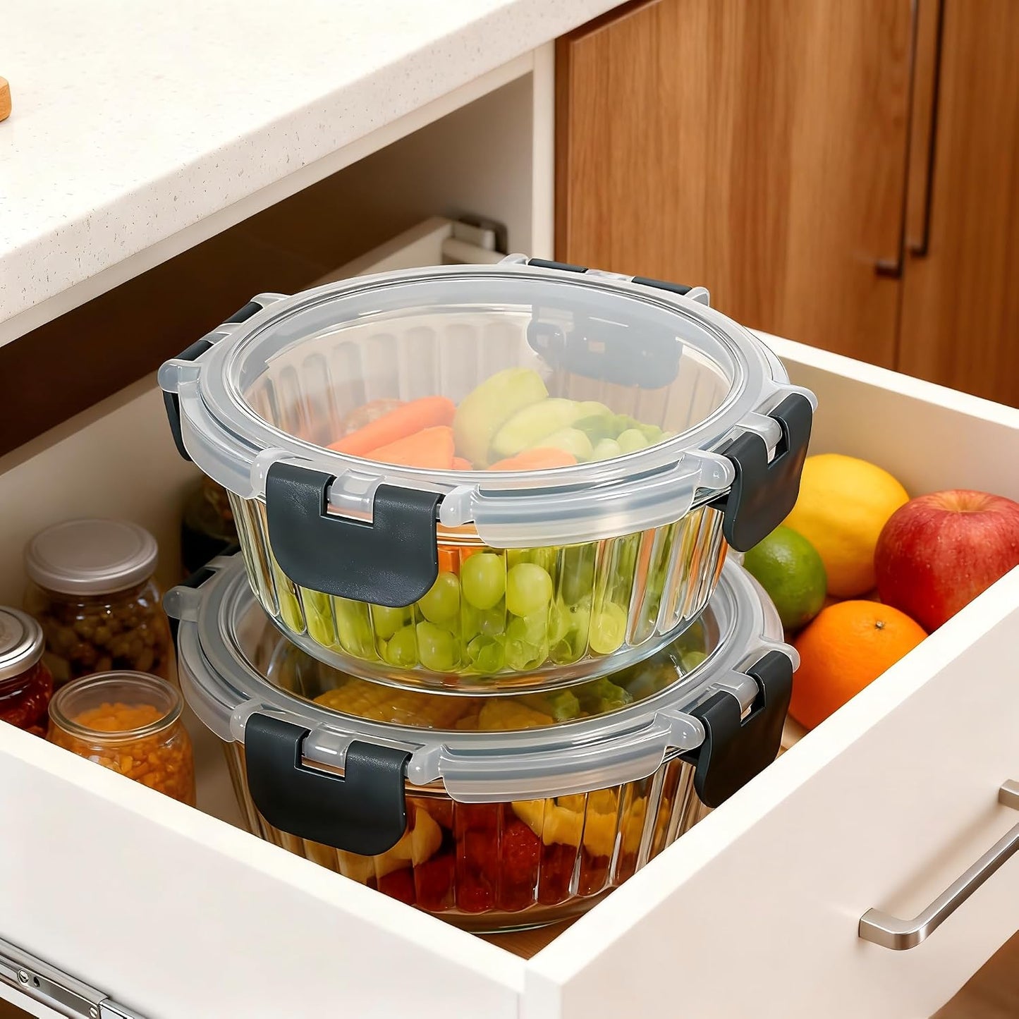 Glass Fluted Ombre grey Leak-Proof 6-Piece Set Food Storage Containers, Food Containers with Lids, Meal Prep Containers. (Rectangular)