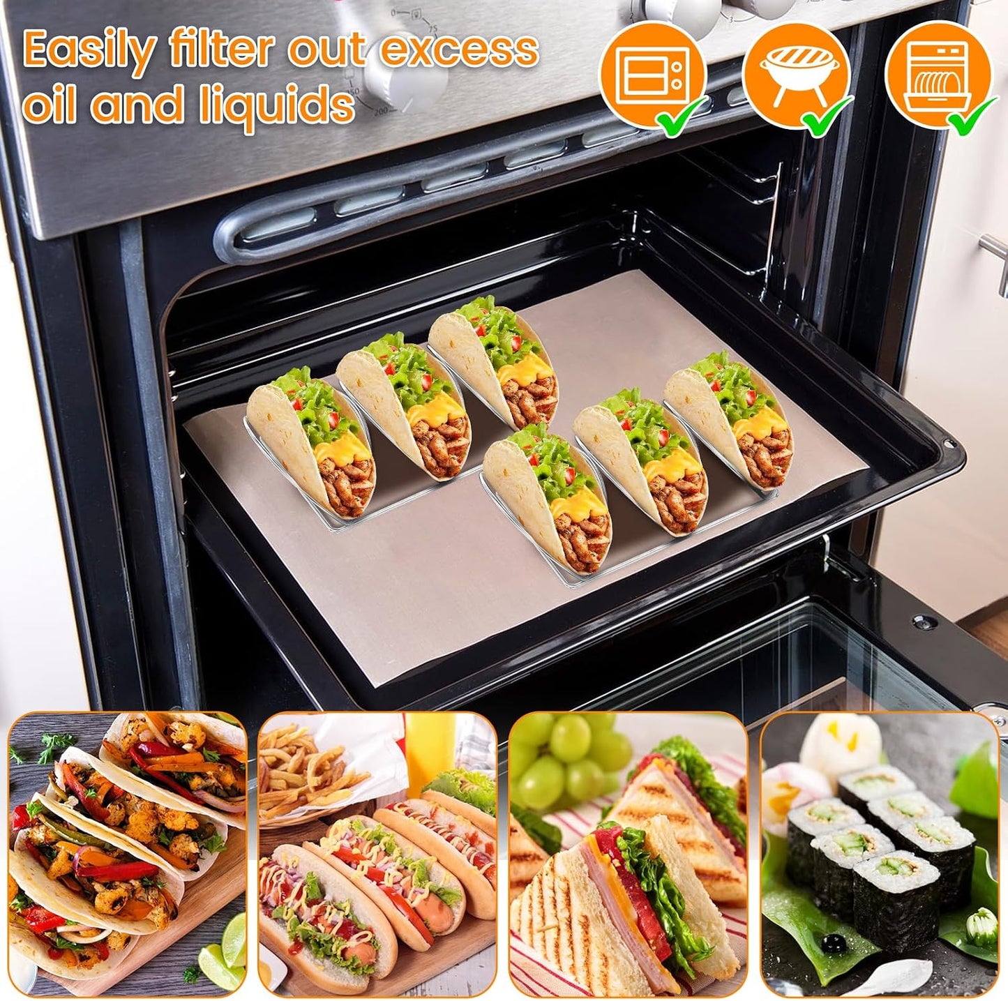 Stainless Steel Taco Holder Stand Set of 2, Taco Trays, Taco Stands for 3 Tacos, Oven Safe for Baking, Dishwa sher and Grill Safe, Taco Bar Serving Set for a Party