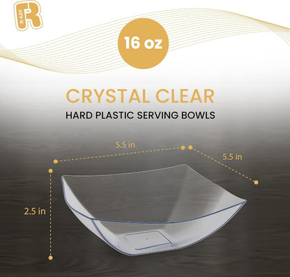 R-kay 6 Pack Square Plastic Serving Bowls - Clear Plastic bowls 16 Oz - Disposable Serving Bowls Heavy Duty For Weddings Catering And Birthday parties