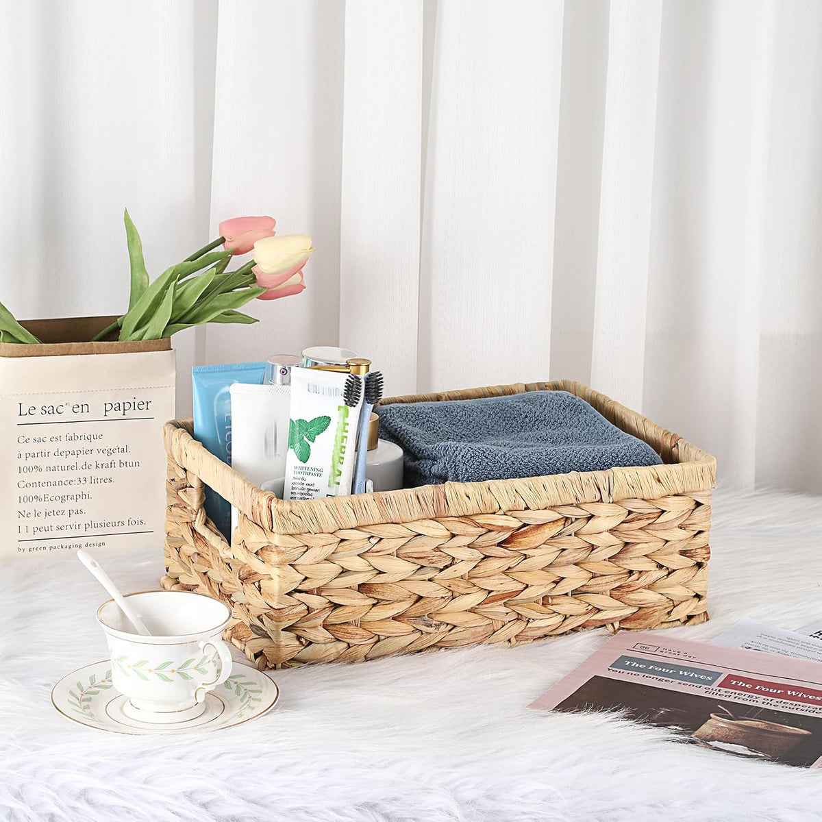 Hipiwe Wicker Basket Water Hyacinth Baskets Rectangular Decorative Baskets Bin for Shelf Organizing, Handwoven Storage Basket Bins with Built-in Handles,15.9"x12"x5.9"