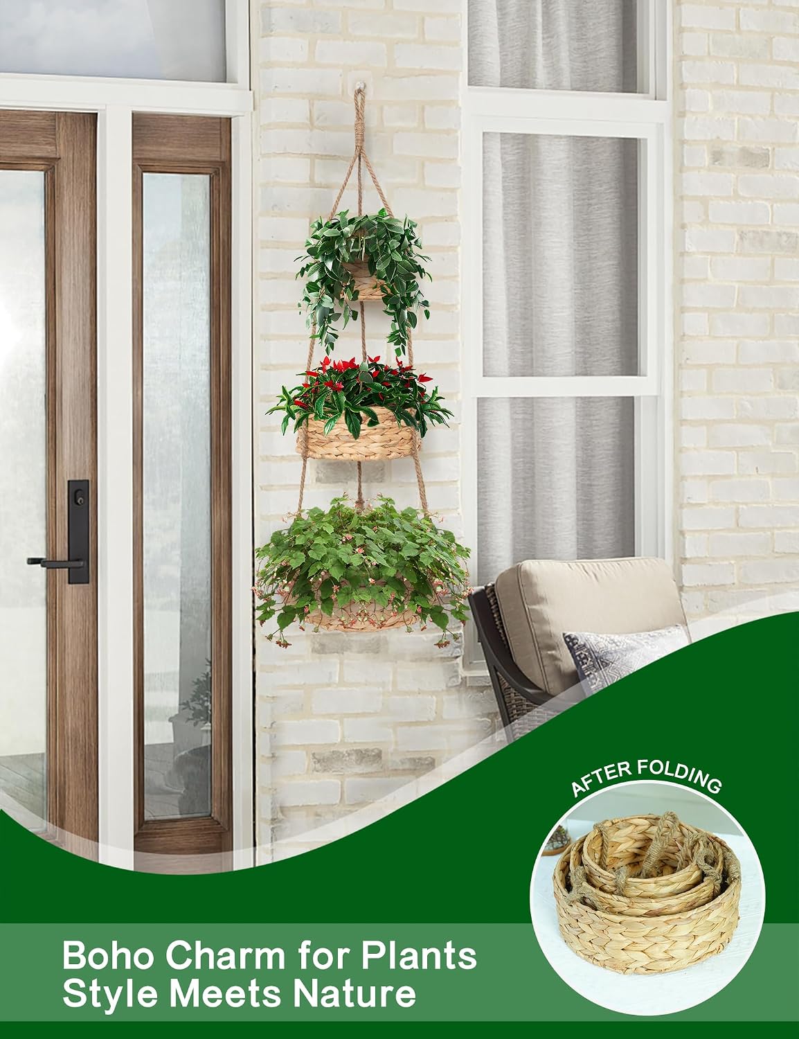 VerdantVibes Woven Wall Hanging Basket – 3-Tier Natural Water-Hyacinth Organizer for Boho Farmhouse Decor, Kitchen & Home Storage (37.4" x 11.2", Folds Flat)