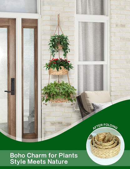 VerdantVibes Woven Wall Hanging Basket – 3-Tier Natural Water-Hyacinth Organizer for Boho Farmhouse Decor, Kitchen & Home Storage (37.4" x 11.2", Folds Flat)