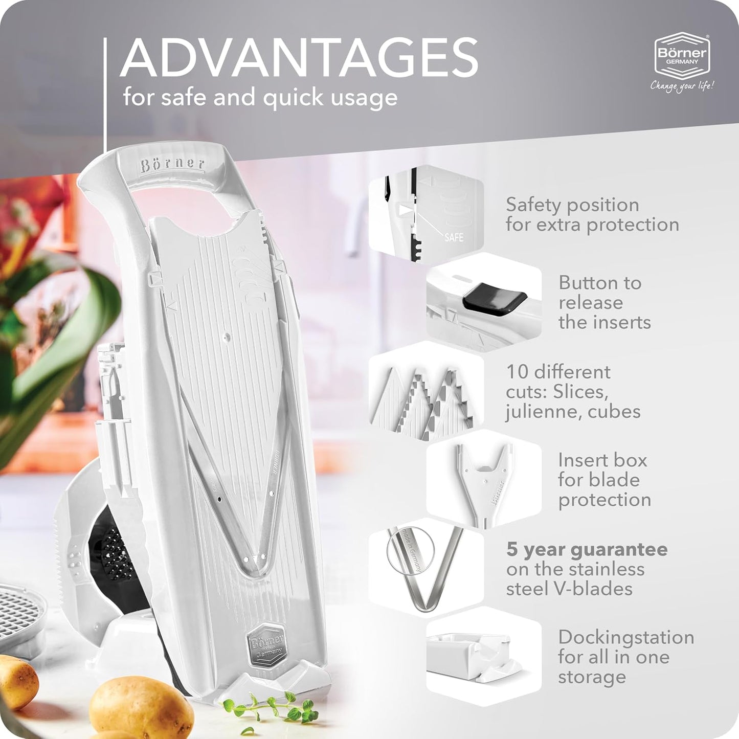 Mandoline Food Slicer Börner V5 (Profi Set) by Reston Lloyd • V-Slicer with 4 Inserts, Docking Station & Food Holder • Made in Germany • Fruit & Vegetable Chopper • Multiple Settings • Color: Purple
