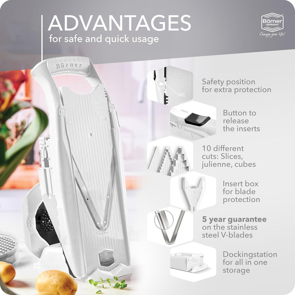 Mandoline Food Slicer Börner V5 (Profi Set) by Reston Lloyd • V-Slicer with 4 Inserts, Docking Station & Food Holder • Made in Germany • Fruit & Vegetable Chopper • Multiple Settings • Color: Purple