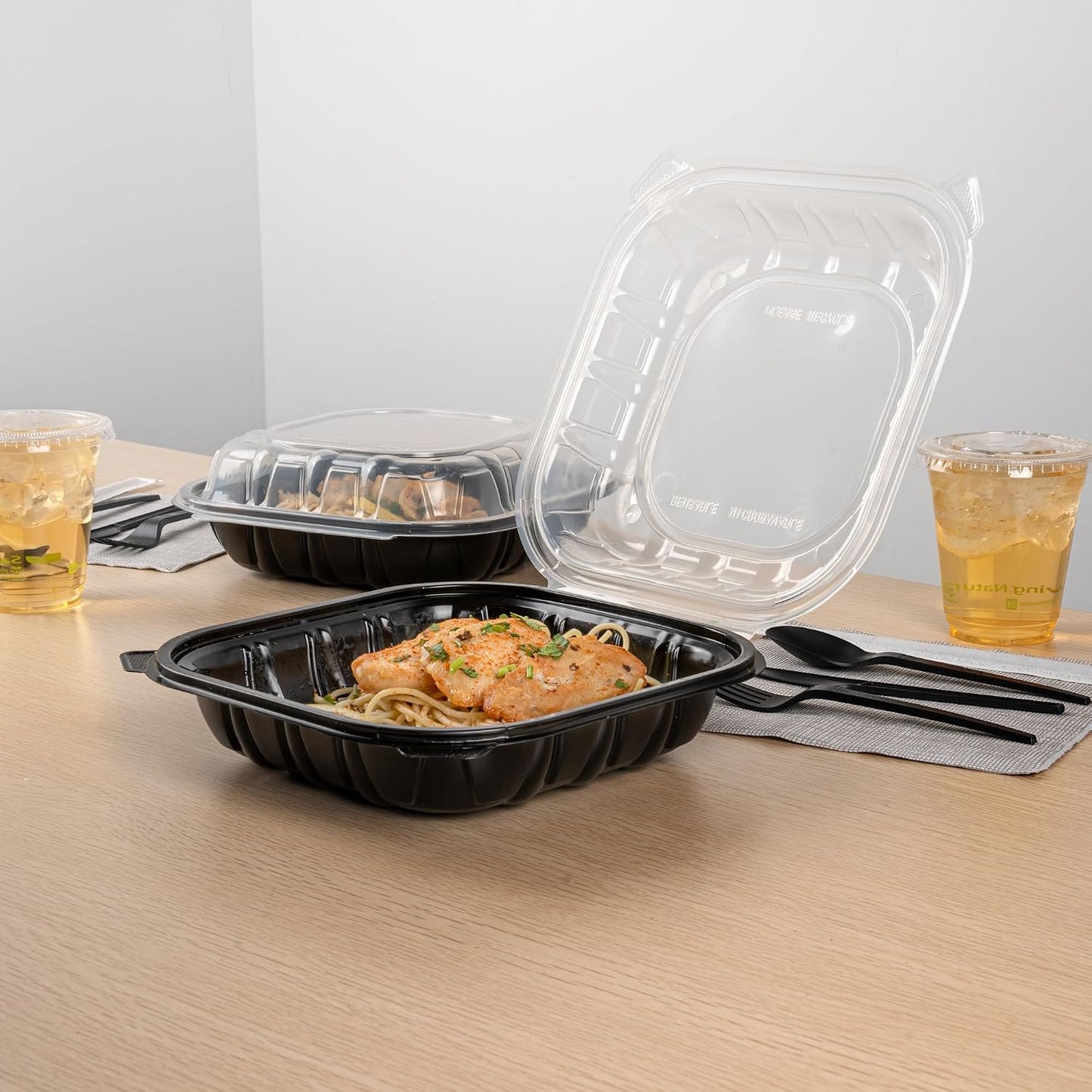 Thermo Tek 40 Ounce Clamshell Containers, 50 Disposable Take Out Boxes - 3 Compartments, Ventilated Lids, Black Plastic Meal Prep Containers, Microwavable, For Pasta Or Salads - Restaurantware