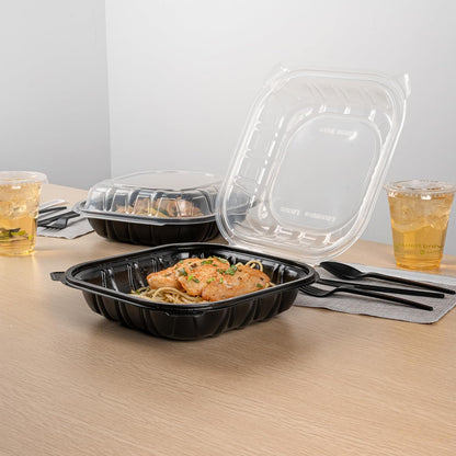 Thermo Tek 40 Ounce Clamshell Containers, 50 Disposable Take Out Boxes - 3 Compartments, Ventilated Lids, Black Plastic Meal Prep Containers, Microwavable, For Pasta Or Salads - Restaurantware