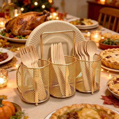 Silverware Organizer Utensil Caddy - 4 Compartment Metal Cutlery Holder Flatware Storage Basket Fork Spoon Napkin Paper Plate Kitchen Countertop Party Picnic Camping Buffet Outdoor (Gold)