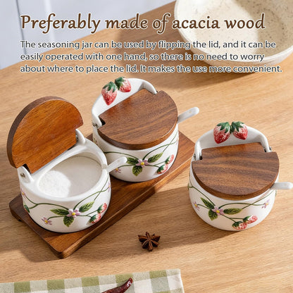Ceramic Salt Cellar Strawberry Relief Lid Jar Spoon