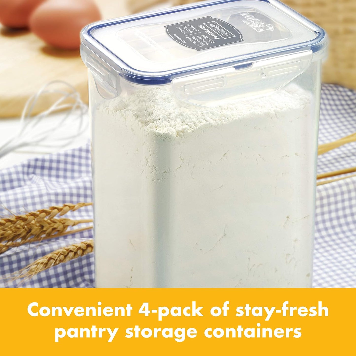 Lock & Lock Easy Essentials Food Storage Bin Set for Pasta, Flour, Sugar/Airtight Container Lids/BPA-Free/Dishwasher Safe, 8 Piece - Clear