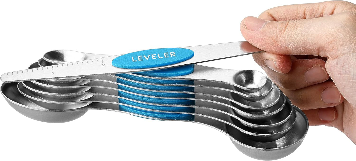 Spring Chef Stainless Steel Magnetic Measuring Spoons Set with Strong N45 Magnets, Heavy Duty Metal Kitchen Gadgets for Baking & Cooking, Fits in Most Kitchen Spice Jars, Set of 8 with Leveler, Black