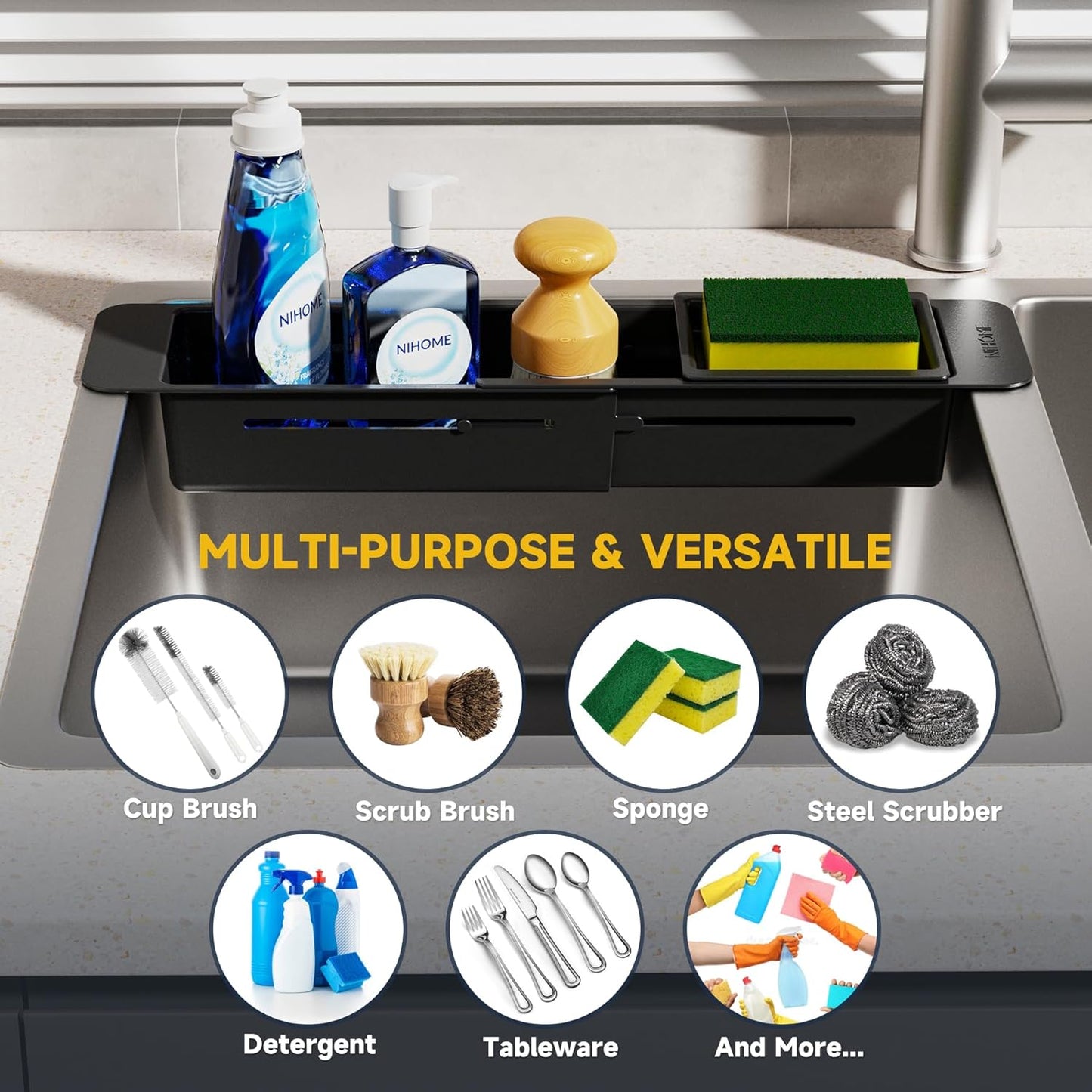 NiHome Extendable Over Sink Kitchen Organizer, Small Telescopic Brush Storage Rack for Sponge, Non-Slip Pads Expandable Sink Caddy, Adjustable Sponge/Brush Rack with Drainage Durable ABS (Dark Gray)