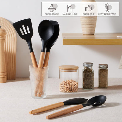 E-far Silicone Cooking Utensils Set, 5-Piece Kitchen Utensils Set with Wooden Handle for Cooking, Silicone Kitchen Nonstick Tools Spatula Turner Slotted Spoons, Nontoxic & Heat Resistant-Khaki