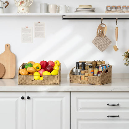 StorageWorks Water Hyacinth Pantry Storage Baskets, Wicker Baskets with Built-in Handles, Handwoven Shelf Baskets for Organizing, Pantry Organizers and Storage, 3 Pack