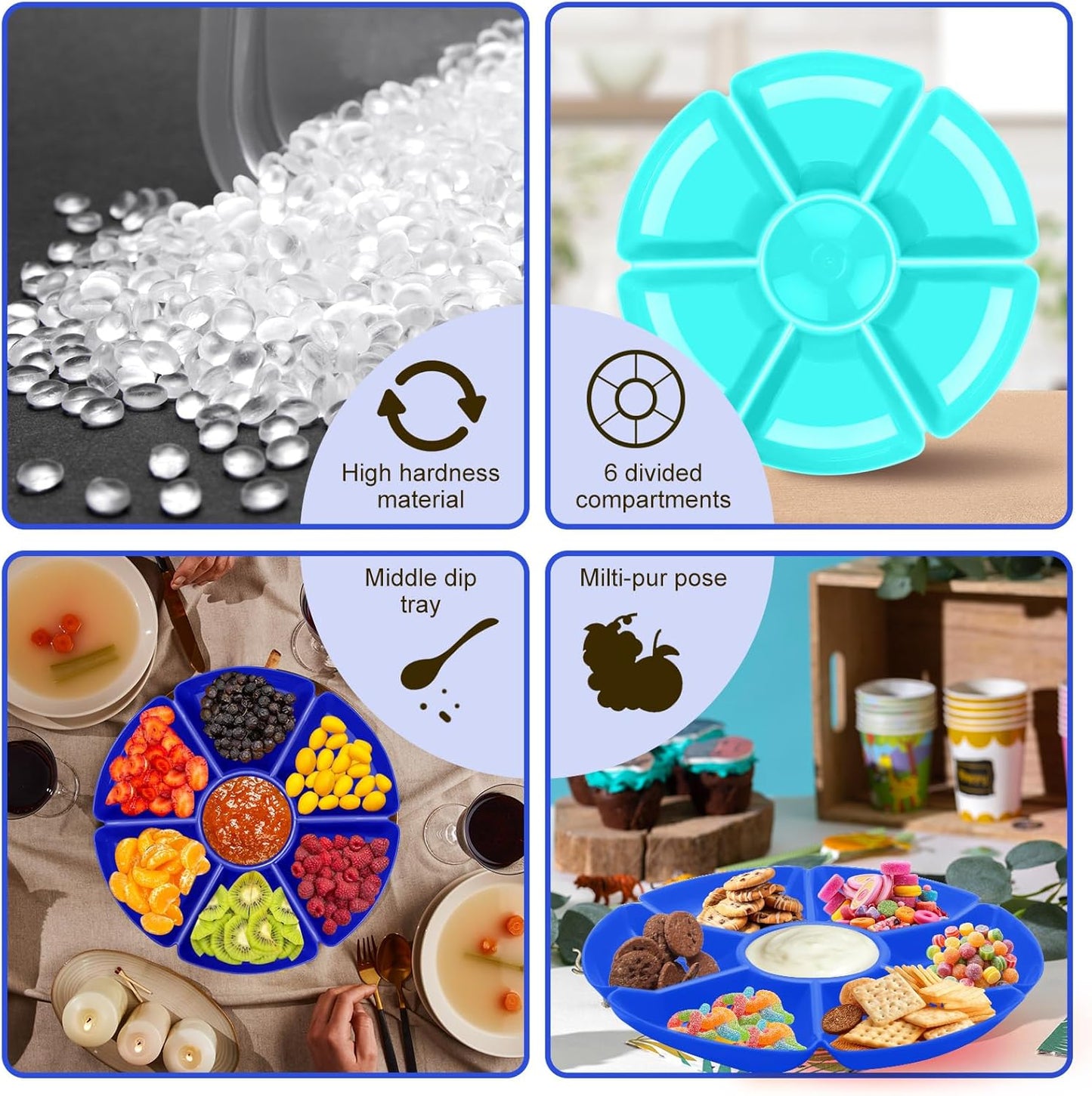 3 Pcs Sectional Round Plastic Serving Tray Platters 11inch Unbreakable Chip and Dip Divided Serving Plates,Round 7 Compartments Multifunctional Food Platter for Snack,Nuts,Candy,Dried Fruit,Veggies