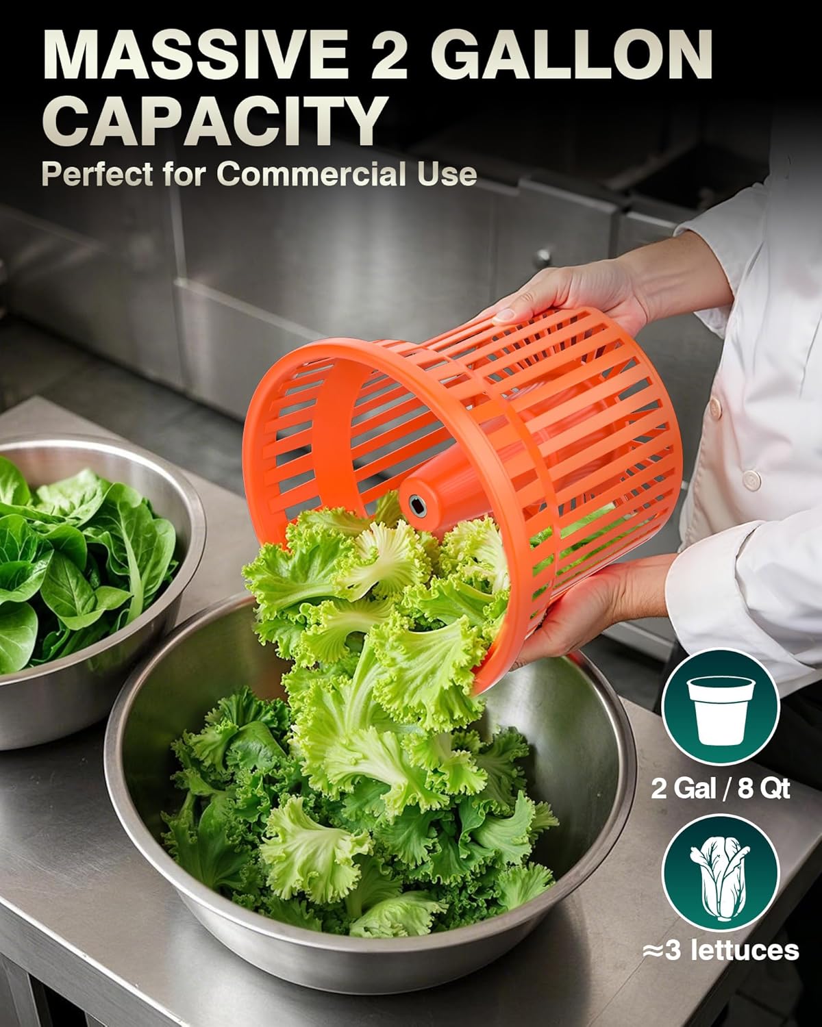 WantJoin Commercial Salad Spinner - [6 Gallon Salad Dryer] w/Silicone [Anti-slip Mat] & [Draining Hose], 24Qt Manual Salad Spinner for up to 7 Heads of Lettuce Spinner Large for Catering, Orange