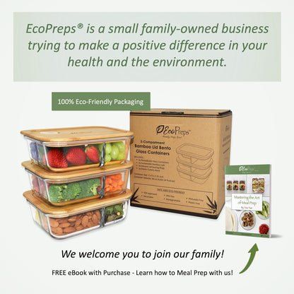 EcoPreps Glass Bento Box Containers with Bamboo Lids, 3 Compartment Glass Meal Prep Containers (3 Pack) - 100% Plastic Free, Eco-Friendly Lunch Container Set, Bamboo Lid Bento Boxes for Adults