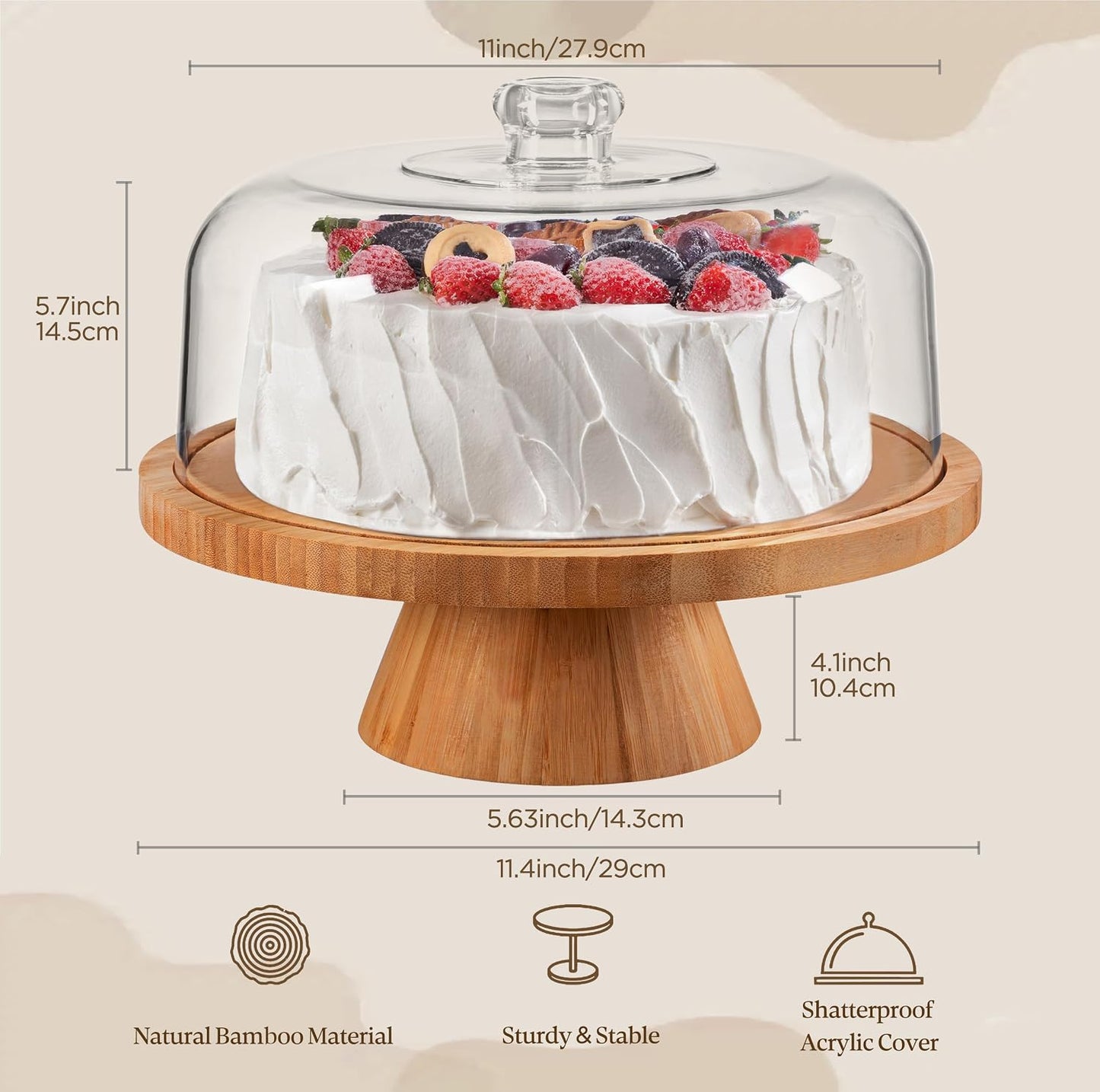 HBlife Cake Stand with Lid (11.4"), Multifunctional Cake Stand with Acrylic Dome, Acacia Wood 6-in-1 Cake Plate Display Stand with Cover for Baking Gifts, Birthday Kitchen Parties, Weddings