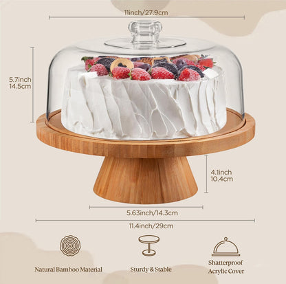 HBlife Cake Stand with Lid (11.4"), Multifunctional Cake Stand with Acrylic Dome, Acacia Wood 6-in-1 Cake Plate Display Stand with Cover for Baking Gifts, Birthday Kitchen Parties, Weddings