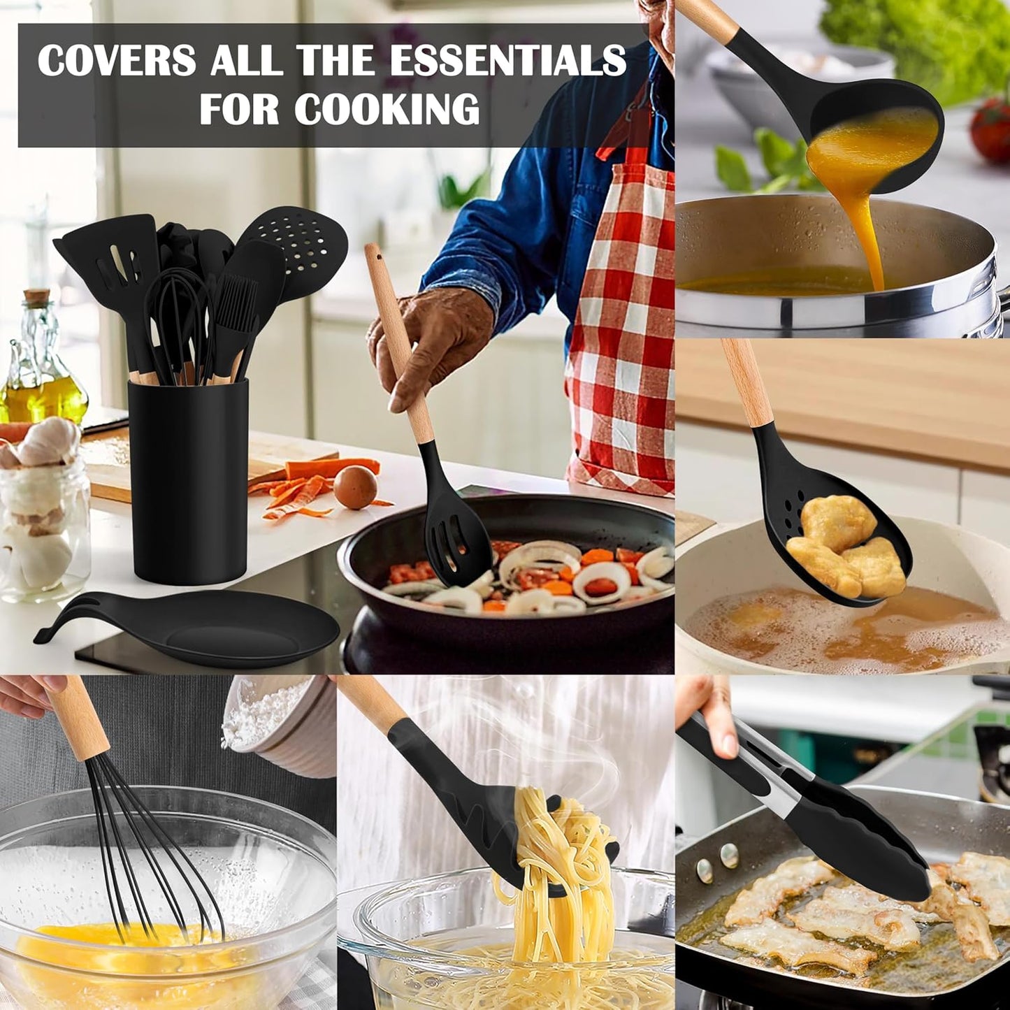 E-far Silicone Cooking Utensils Set, 5-Piece Kitchen Utensils Set with Wooden Handle for Cooking, Silicone Kitchen Nonstick Tools Spatula Turner Slotted Spoons, Nontoxic & Heat Resistant-Khaki