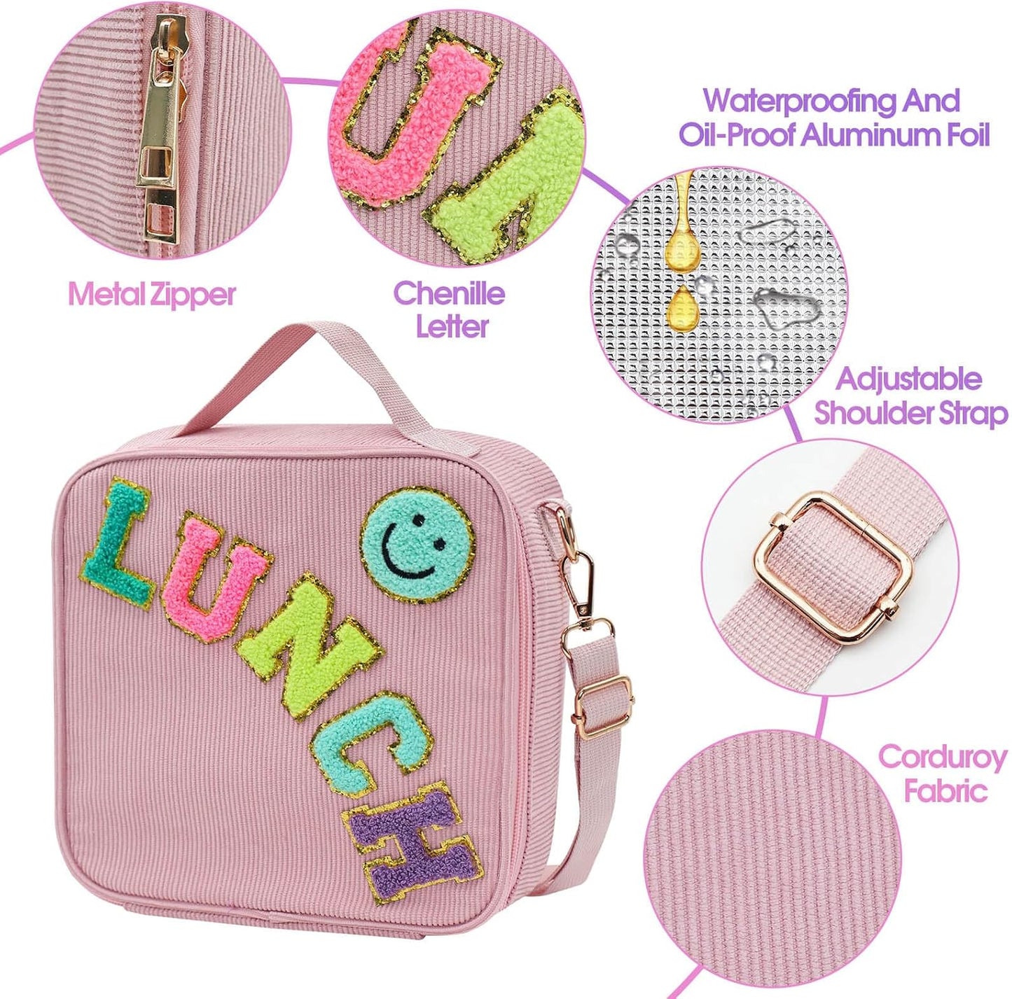 Lunch Box with Bento Box with 4 Compartment, with Leak Proof Thermo Food Jar, Preppy Corduroy Insulated Lunch Bag for Womens Girl Kids Teens School Travel Picnic (Purple)