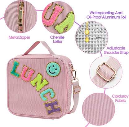 Lunch Box with Bento Box with 4 Compartment, with Leak Proof Thermo Food Jar, Preppy Corduroy Insulated Lunch Bag for Womens Girl Kids Teens School Travel Picnic (Purple)