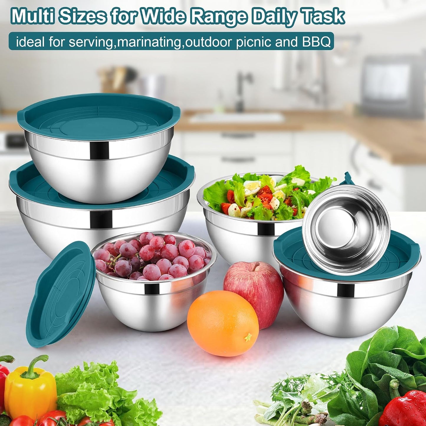 LIANYU Stainless Steel Mixing Bowls Sets of 6, Large 7, 3.5, 2.5, 2, 1.5, 1QT Size with Transparent Airtight Lids, Metal Nesting Serving Bowl Sets for Home Kitchen, Dishwasher & Freezer Safe, Black