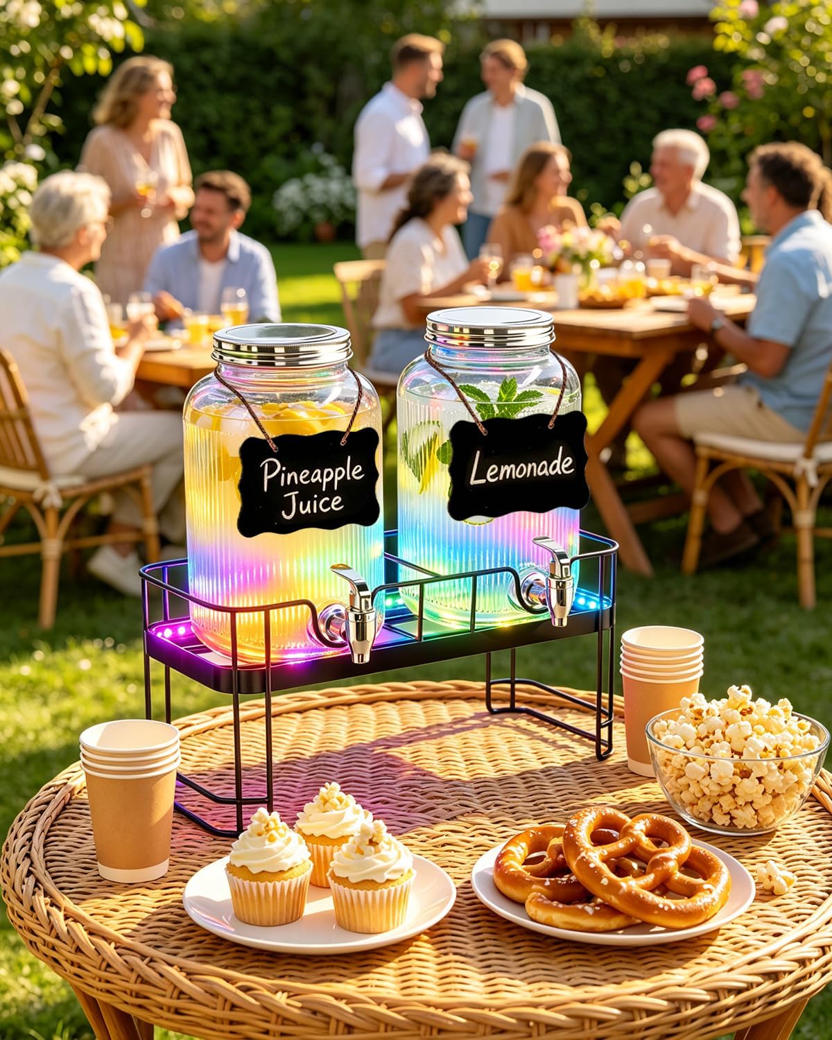 PAROTO Drink Dispensers for Parties, 2 Pack 1 Gallon Glass Beverage Dispenser with Stand and LED Strip Light, Lemonade Juice Water Dispenser with Spigot for Wedding Bar Picnic BBQ Buffet Event