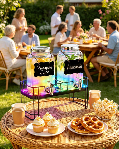 PAROTO Drink Dispensers for Parties, 2 Pack 1 Gallon Glass Beverage Dispenser with Stand and LED Strip Light, Lemonade Juice Water Dispenser with Spigot for Wedding Bar Picnic BBQ Buffet Event