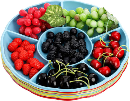 Frcctre 20 Pack Disposable Plastic Appetizer Serving Platter, 12 Inch 6 Sectional Divided Snack Nut Candy Veggie Fruit Dish Serving Platter Divided Food Tray