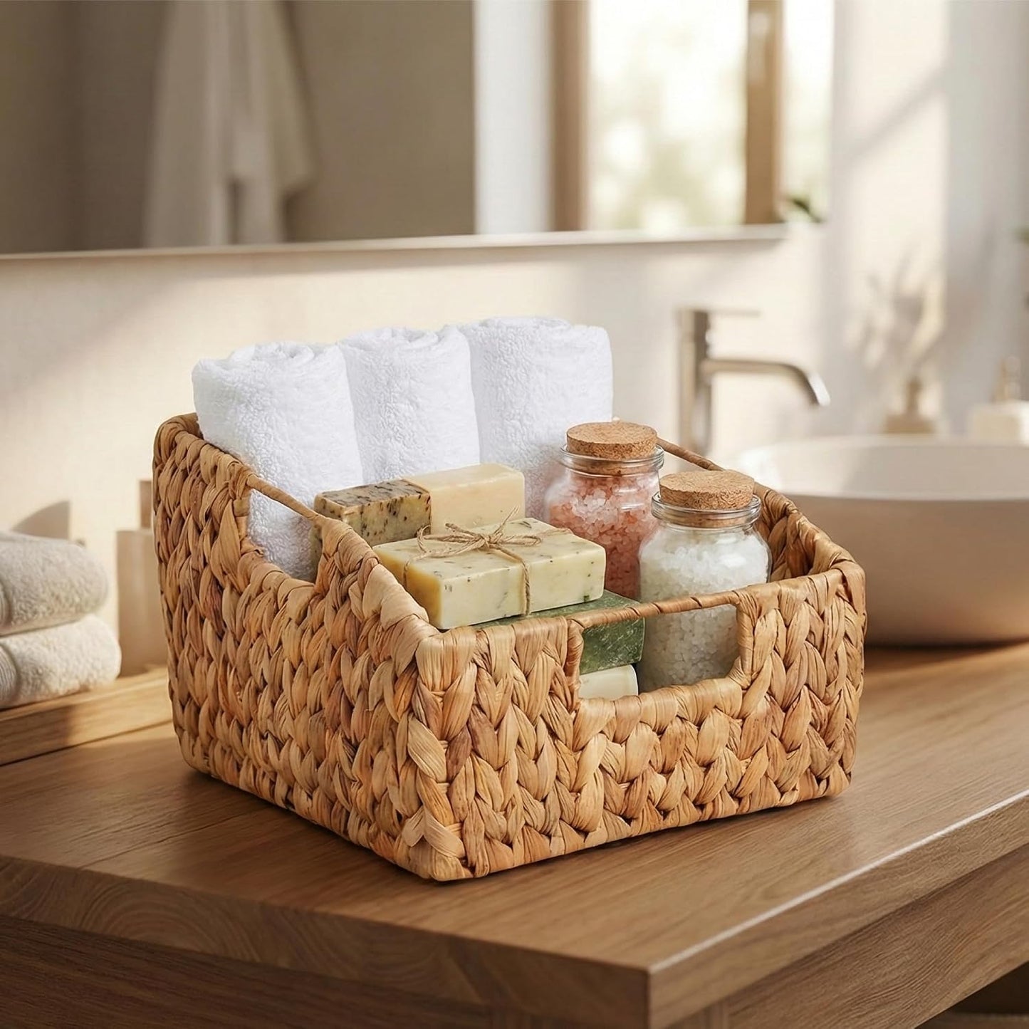 Set of 2 Wicker Pantry Basket – Handwoven Water Hyacinth Wicker Storage Baskets with Handles – Decorative Woven Baskets for Kitchen, Shelves & Organizing