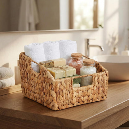 Set of 2 Wicker Pantry Basket – Handwoven Water Hyacinth Wicker Storage Baskets with Handles – Decorative Woven Baskets for Kitchen, Shelves & Organizing