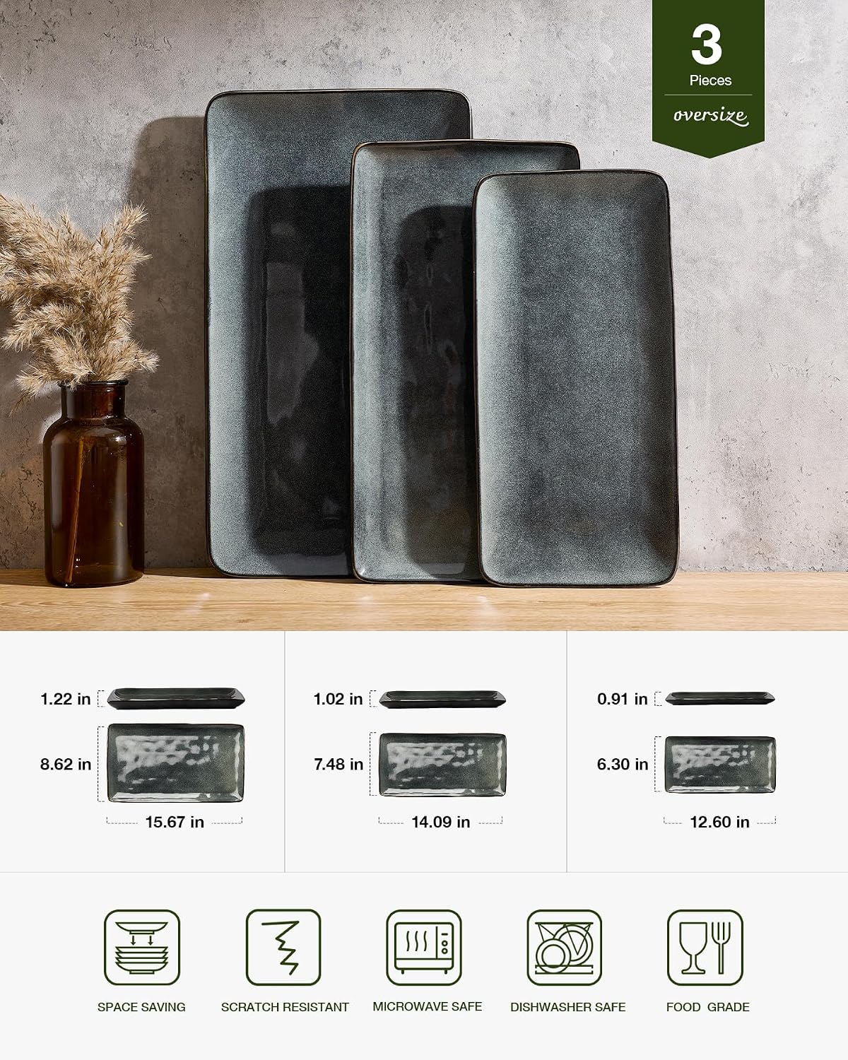 Famiware Serving Platter, Rectangular 15.67/14.1/12.6inch Serving Dishes for Entertaining, Microwave Dishwasher Safe, Stoneware Serving Trays for Party, Turkey, Cheese, Ocean Series, Cappuccino White