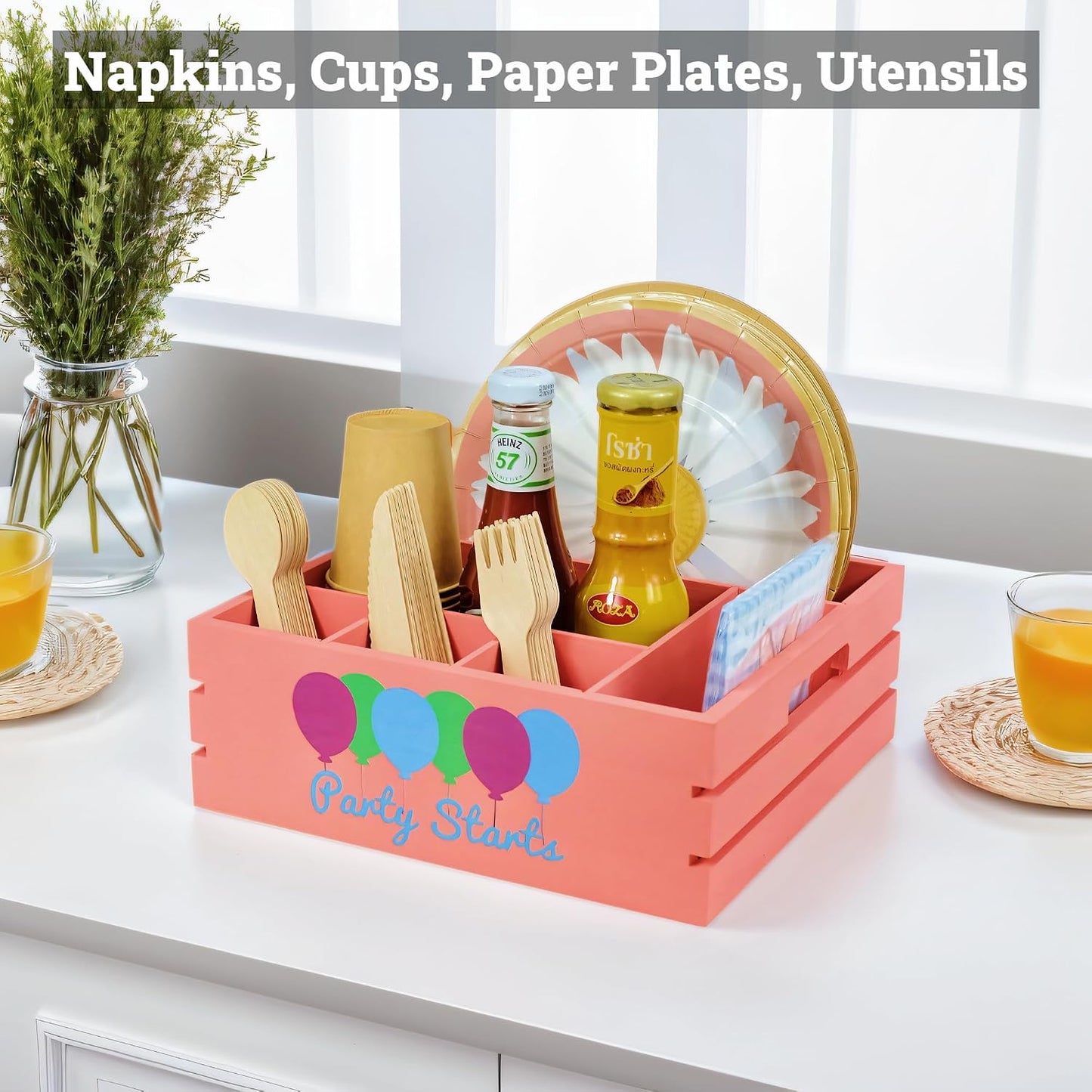 Utensil Holder for Party Farmhouse Crate Look - White Napkin Paper Plate Dispenser for Countertop - Silverware Caddy for Plate, Cup, Fork, Spoon - Flatware Box Organizer for Outdoor Camping Picnic