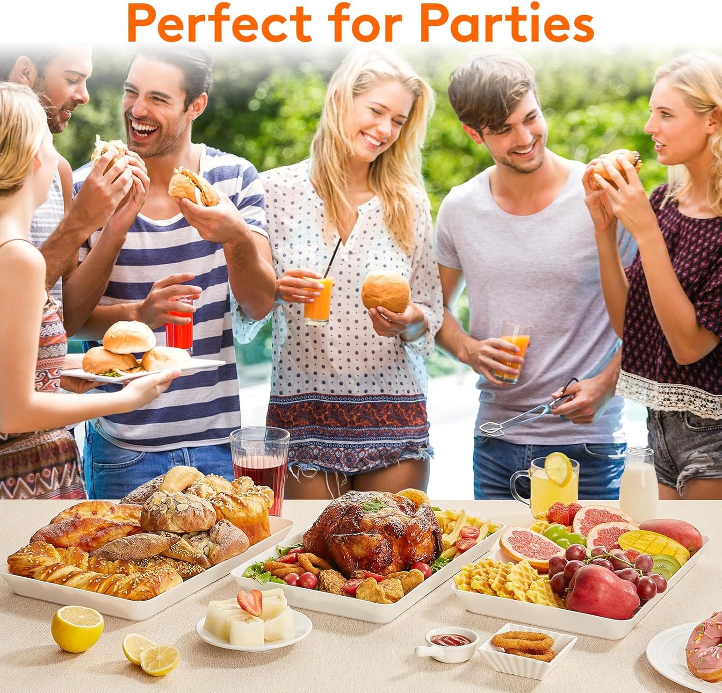 Lifewit Plastic Serving Tray for Party Supplies, 15" x 10" White Trays for Serving Food, Reusable Large Platter for Buffet, Fruit, Dessert, Snack, Veggie, Kitchen and Outdoor Use, Rectangle, 10 Pcs