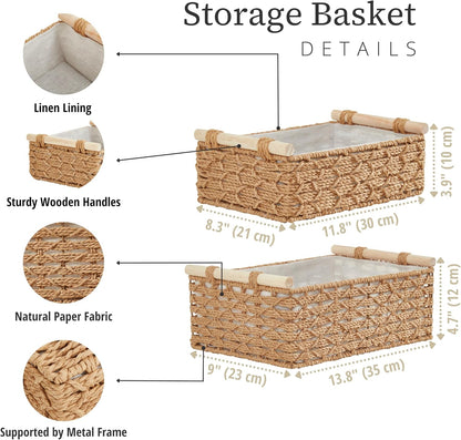 DECOMOMO Wicker Storage Baskets, Handwoven Pantry Baskets, Water Hyacinth Storage Baskets w/Chalkboard and Marker (Natural, Set of 2)