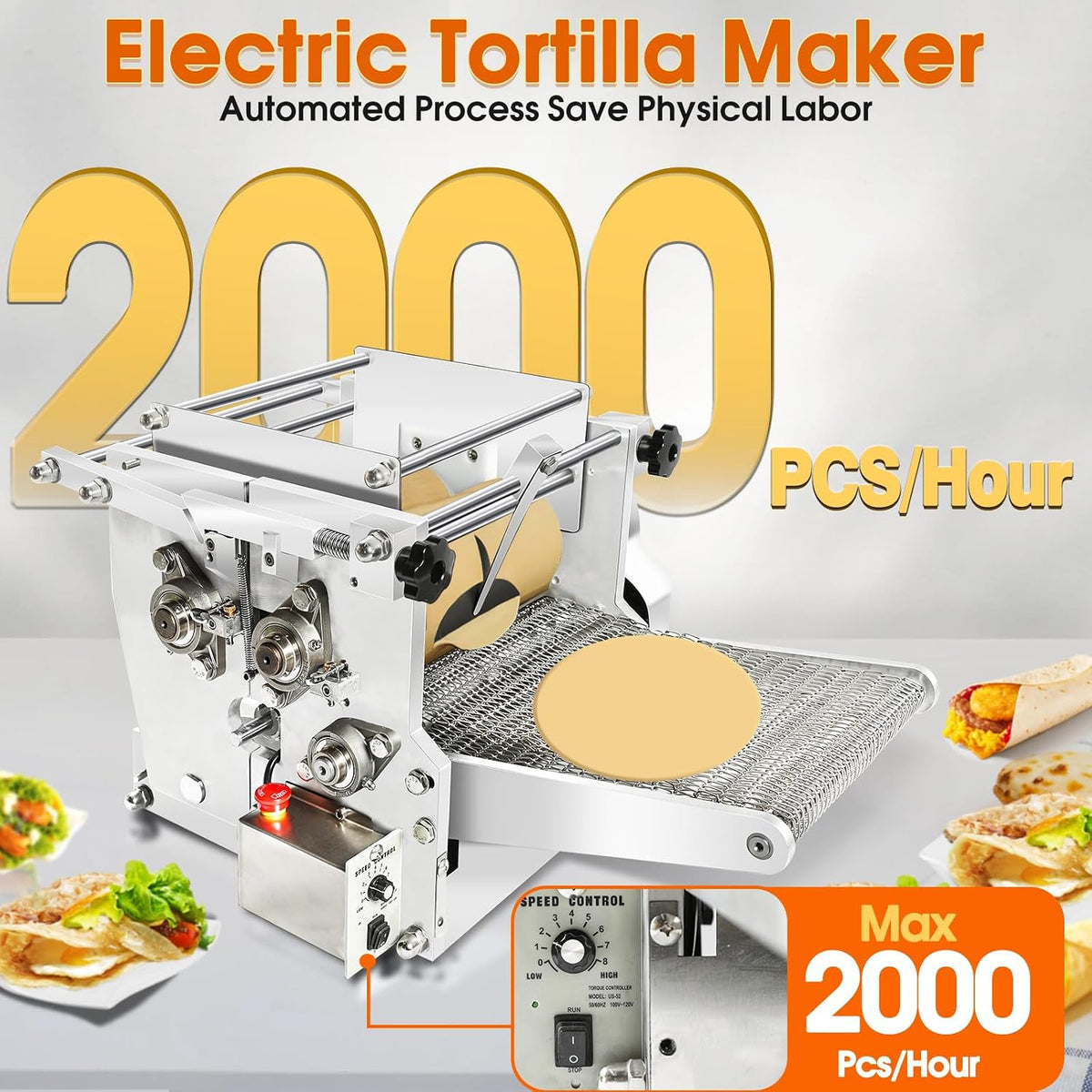 Electric Tortilla Maker with 2 Molds(4in/6in), Automatic Corn Tortilla Making Machine with Adjustable Customize Thickness (1.5-5mm), Non-Stick Coating, Chapatti Machine for Pita Tortilla Pizza (Gold)