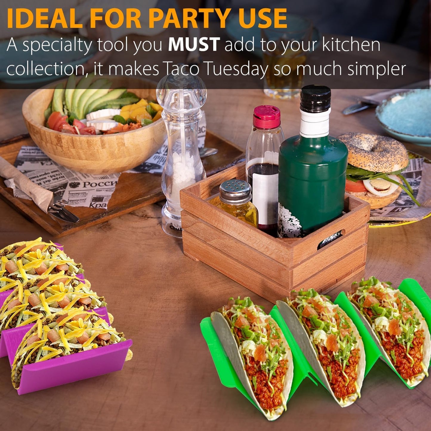 Kitchen Taco Holder Stand - 6 Packs (Extra Large) Non-Toxic, BPA Free, Dishwasher & Microwave Safe - Hold 3 Tacos, Hard Plastic Taco Rack, Party Serving Tray Set for Hard and Soft Shell Tacos Tortilla