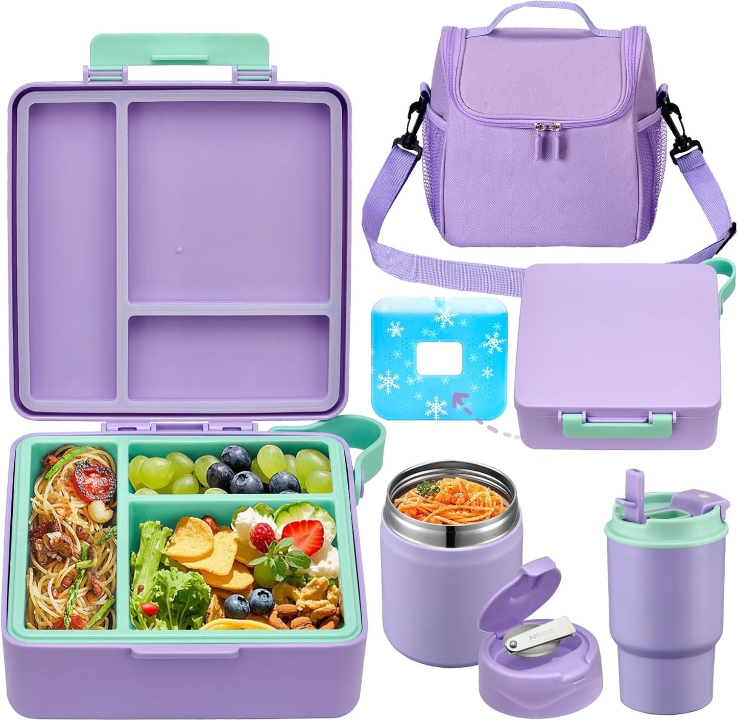 Bento Lunch Box for Kids with 17oz Soup Thermo,Insulated Tumbler Water Bottle and Insulated Lunch Bag,Leak-Proof 3 Compartment Lunch Food Container with Ice Pack for Kids to School-Horse