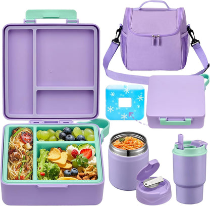 Bento Lunch Box for Kids with 17oz Soup Thermo,Insulated Tumbler Water Bottle and Insulated Lunch Bag,Leak-Proof 3 Compartment Lunch Food Container with Ice Pack for Kids to School-Horse