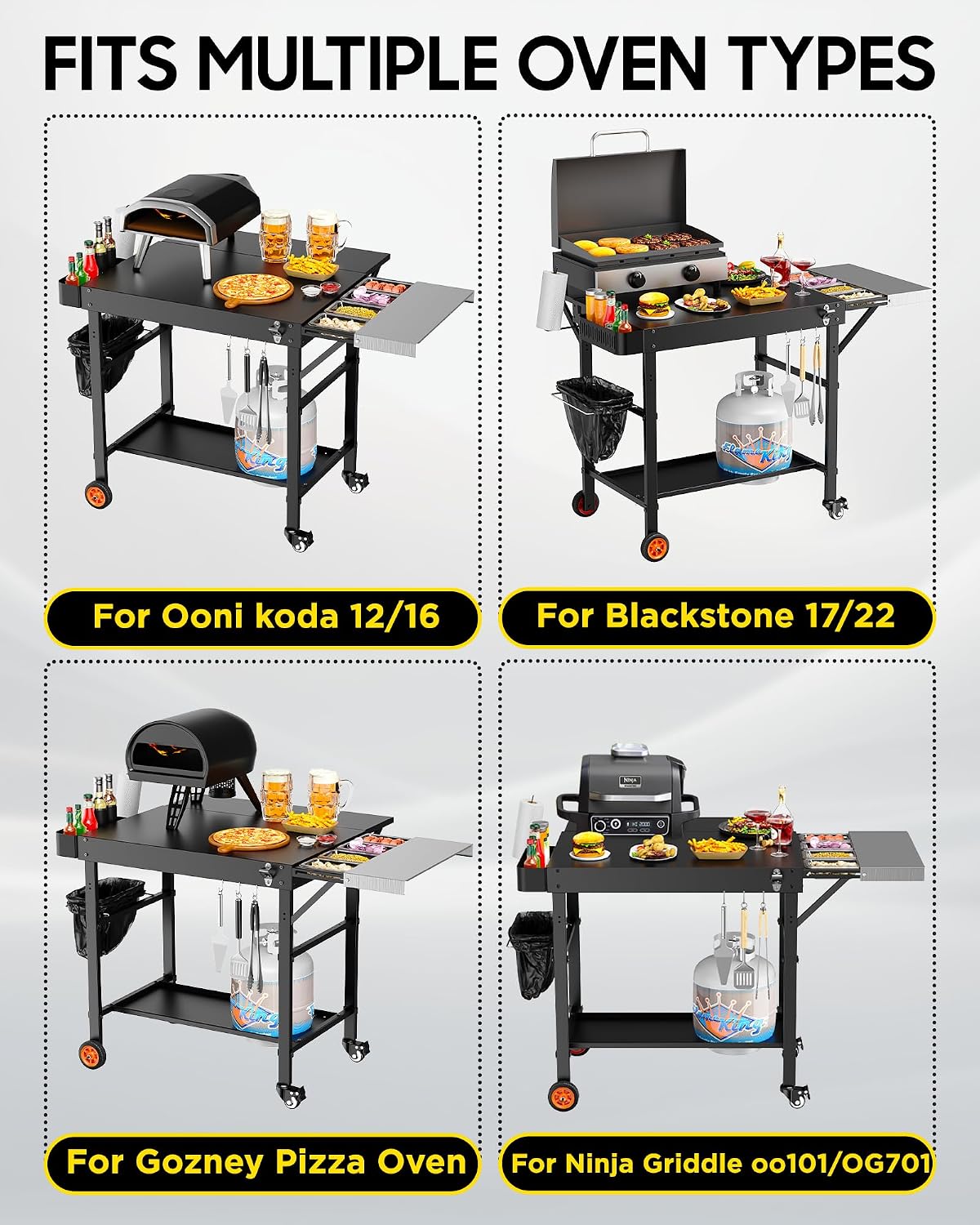 Pizza Oven Table, Grill Table for Ninja Pizza Oven, Pizza Oven Cart Fits Blackstone 17/22 Griddle, Koda 12/16, Cuisinart Gozney, Solo Stove,Outdoor Pizza Oven cart with Sliding Covered Storage Tray