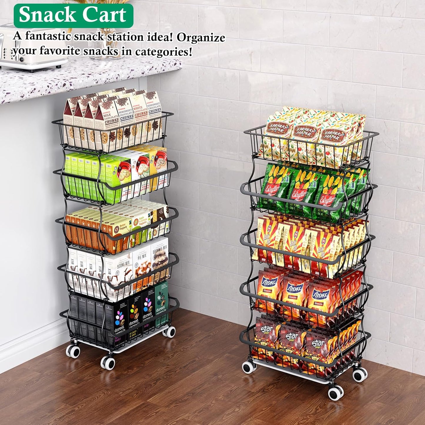 OKZEST 3-Tier Rolling Pantry Floor Organizer and Storage Cart with Wheels, Stackable Wire Pantry Baskets for Pantry Shelves, Kitchen Storage Rack and Fruit Basket Stand for Fruit Snack Onion Potato