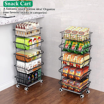OKZEST 3-Tier Rolling Pantry Floor Organizer and Storage Cart with Wheels, Stackable Wire Pantry Baskets for Pantry Shelves, Kitchen Storage Rack and Fruit Basket Stand for Fruit Snack Onion Potato