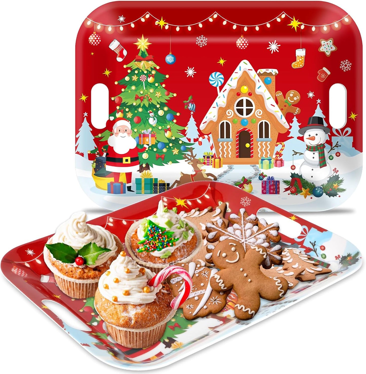 2Pcs Winter Serving Trays 16.1 x 11.1 Inch Large Melamine Christmas Trays Platters with Handles Rectangular Snowflake Melamine Dish for Serving Food Outdoor Dinner Dessert Plates Party Decorations