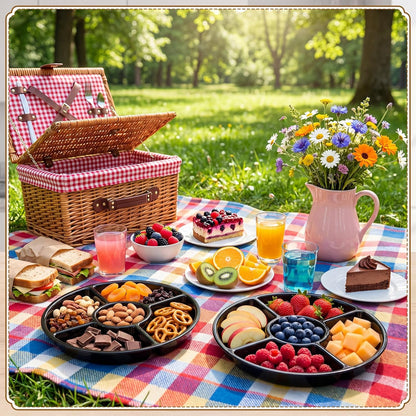 24 Pcs 5 Sectional Plastic Divided Serving Trays Bulk 12 Inch Round Chip and Dip Plates Fruit Veggie Appetizer Platter Snack Tray for Holiday Party Family Gathering(Black)