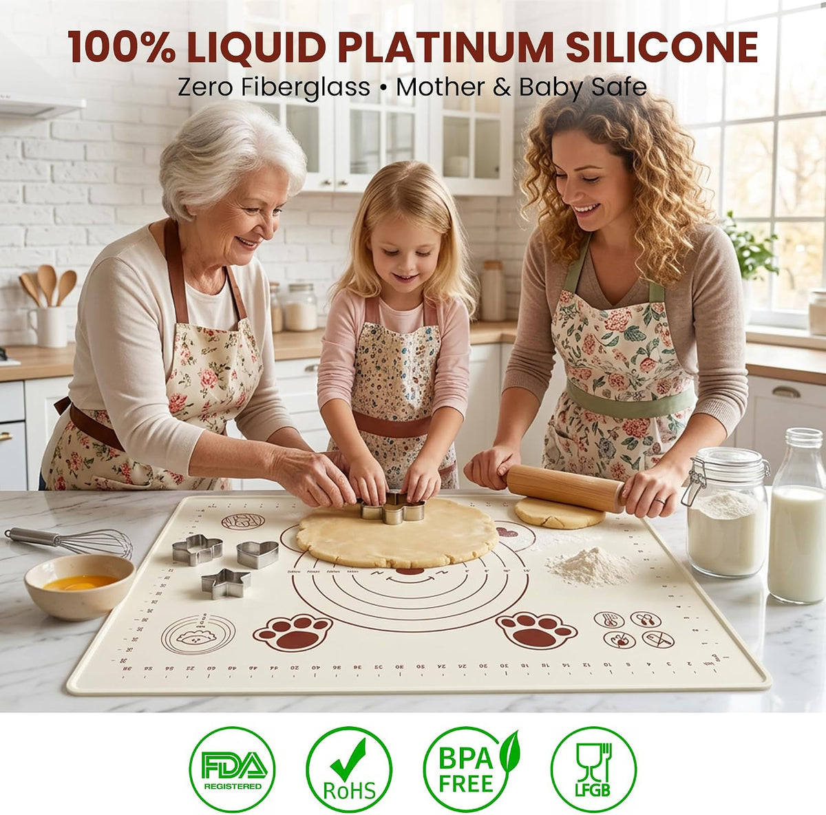 Silicone Baking Pastry Dough Mat 28"x20" with Measurements & Raised Edge