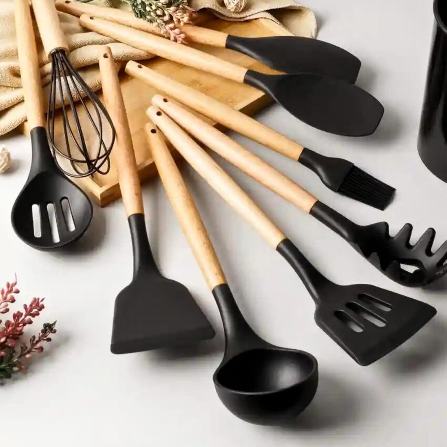 33-Piece Silicone Kitchen Utensil Set with Holder – Heat Resistant up to 446°F, Non-Stick Cooking Tools with Wooden Handles, Measuring Cups, Spatulas, Tongs, Whisk & More