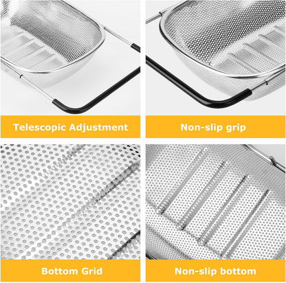 ZDRongZhen Kitchen Accessories Over the Sink Colander Strainer Basket，Stainless Steel Colander with Expandable Rubber Grip Sink Drainer-Rinse Vegetables Fruits &Strain&Drain (Large-Fine mesh)
