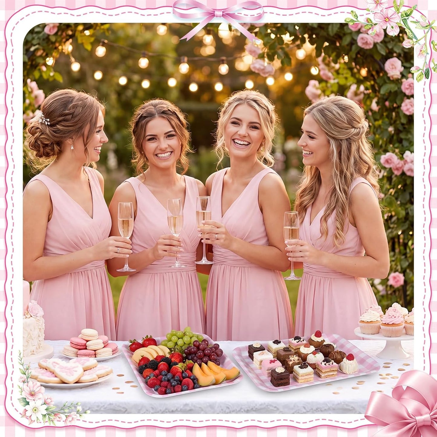 Vesici 3 Pcs Cherry Bow Serving Trays 13 x 10 Inch Pink Bow Cherry Melamine Platters Reusable Rectangular Serving Dishes for Coquette Wedding Baby Shower Birthday Party Sharing Snack Fruit Dessert