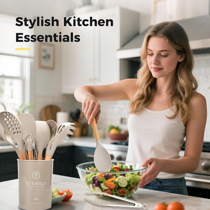 Hvygss Kitchen Utensils Set with Wooden Handle, 26 Pieces Heat Resistance Silicone Cooking Utensils Set with Holder, Food Grade Non-Stick Silicone Spatula, Kitchen Set for Cooking (Khaki)